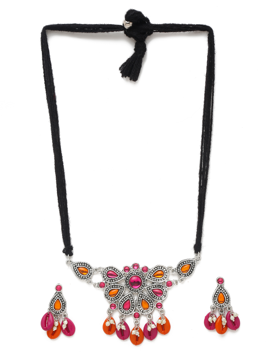 YouBella Jewellery Oxidised Silver Necklace Jewellery Set with Earrings for Girls and Women (Multi) (YBNK_50520)